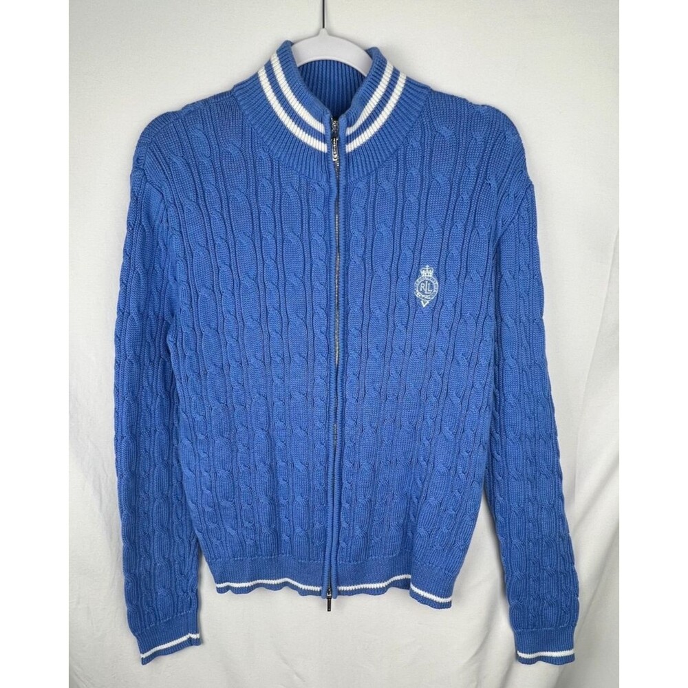 Lauren Active RALPH LAUREN Womens L Cable Knit Zip Cardigan Blue Varsity Preppy